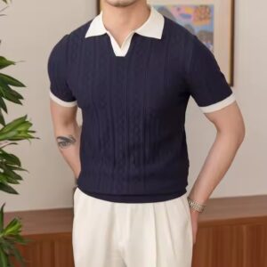Summer breathable color matching fashion men's Polo shirt V lapel elastic jacquard texture slim short sleeve knitting - Image 3