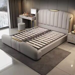 Light Luxury Solid Wood Double Bed Luxury Leather King Bed Cushioned Backrest Bedroom Furniture Set - Image 6