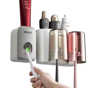 Toothbrush Holder with 4 Tooth Brushing Cup and Automatic Toothpaste Dispenser Wall Mounted Bathroom Set 2 PCS - Image 2