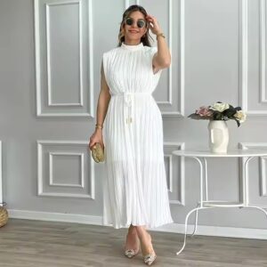 Elegant sleek simple half neck waist cinching tie Midi ladies dress - Image 5