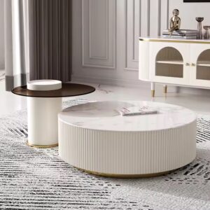 Hot selling marble top 2pcs glass table set with drawer storage round white concrete coffee table - Image 5