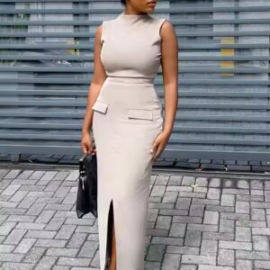 Solid Color Sleeveless Turtleneck Top & High Waist Hip-Hugging Skirt Casual Set - Image 4