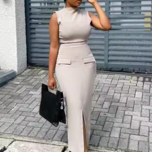 Solid Color Sleeveless Turtleneck Top & High Waist Hip-Hugging Skirt Casual Set - Image 6