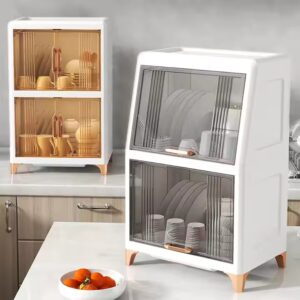 Desktop Large Capacity Bowl Storage Cabinet With Drain Rack Dish Cupboard Double Layers - Image 5