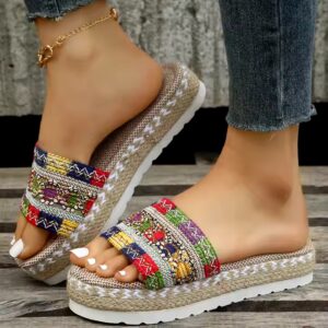 HO 2024 New Ethnic Style Large Size Women S Thick Bottom Fish Mouth Hemp Rope Candy Color Slippers - Image 2