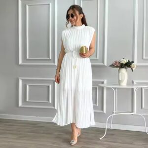 Elegant sleek simple half neck waist cinching tie Midi ladies dress - Image 1