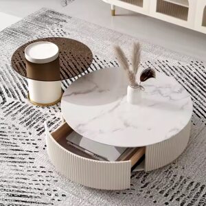 Hot selling marble top 2pcs glass table set with drawer storage round white concrete coffee table - Image 6