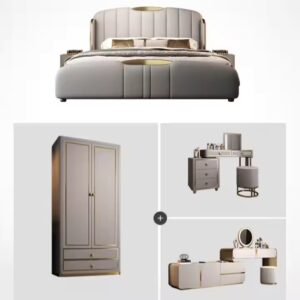Light Luxury Solid Wood Double Bed Luxury Leather King Bed Cushioned Backrest Bedroom Furniture Set - Image 7