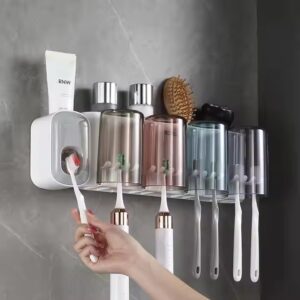 Toothbrush Holder with 4 Tooth Brushing Cup and Automatic Toothpaste Dispenser Wall Mounted Bathroom Set 2 PCS - Image 6