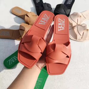 Flat slippers women's Z square toe cross decorative flat slippers casual all-match solid color simple one-word sandals - Image 1