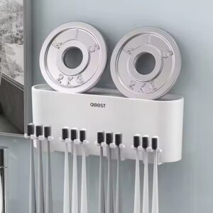 Toothbrush Holder with 4 Tooth Brushing Cup and Automatic Toothpaste Dispenser Wall Mounted Bathroom Set 2 PCS - Image 4