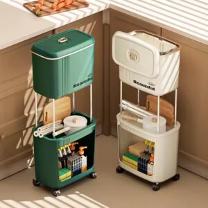 Double Tiers Standing Type Kitchen Storage Rack Carbon Steel Cooktop Organizer with Casters Trash Can and Pantry Space Saver - Image 7