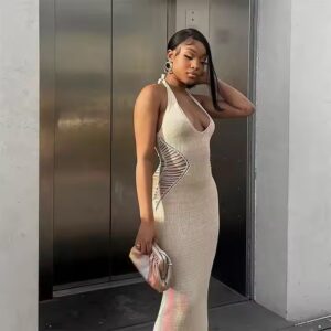 Women Hollow Out Dress Sexy V Neck Backless Sweater Dress - Image 3