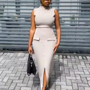 Solid Color Sleeveless Turtleneck Top & High Waist Hip-Hugging Skirt Casual Set - Image 3