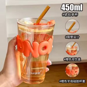 Beautiful Glass Cup with Lid Straw - Image 2