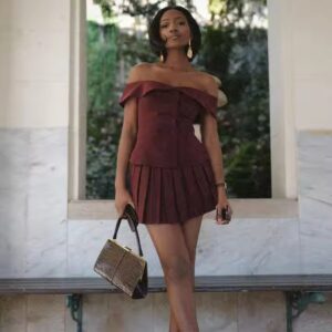 Off-Shoulder Double breasted Slim Fit Top Hundred pleats Half Skirts Two Piece Women Skirt Sets - Image 5
