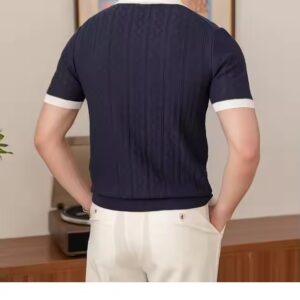Summer breathable color matching fashion men's Polo shirt V lapel elastic jacquard texture slim short sleeve knitting - Image 4