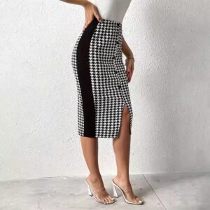 Women Elegant Button Decor High Waist Plaid Skirt Houndstooth Print Split Hem Pencil Skirts - Image 2