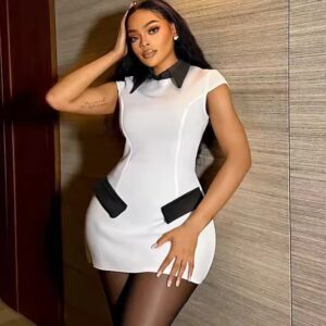 women sexy short sleeve contrast color office dress - Image 5