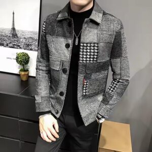 2023 Autumn and Winter Fashion New Men's Casual Lapel Hoodless Jacket / Male Slim Plaid Woolen Coat - Image 4