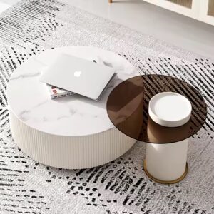Hot selling marble top 2pcs glass table set with drawer storage round white concrete coffee table - Image 4