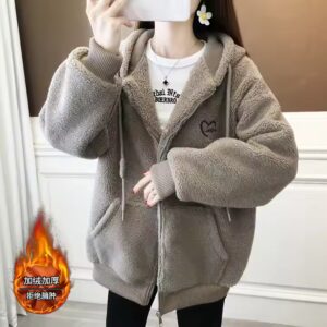 Love letter embroidered Lamb wool coat 2023 autumn/winter new cashmere zipper cardigan hoodie jacket blouse coat - Image 4