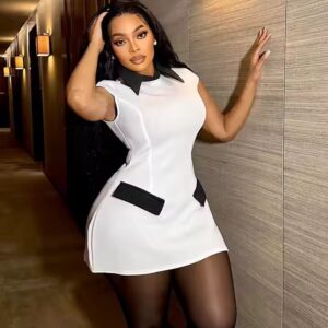 women sexy short sleeve contrast color office dress - Image 2