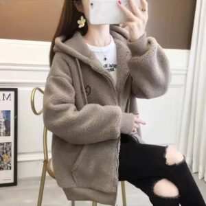Love letter embroidered Lamb wool coat 2023 autumn/winter new cashmere zipper cardigan hoodie jacket blouse coat - Image 7