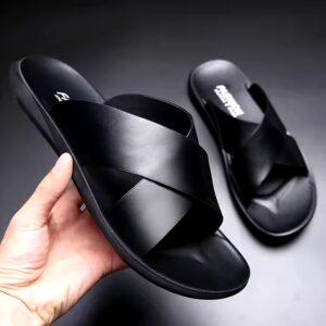 Men Summer Fashion Genuine Leather Sandals Comfortable Lightweight Cross Strap Slip on Beach Slide Sandals Shoes - Image 3