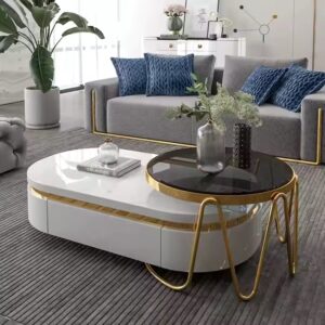 Modern Living Room Marble Top Round Furniture Italian Light Luxury Oval Coffee Table With Drawers - Image 3