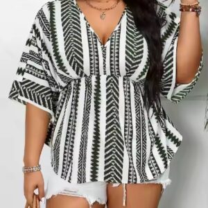 Tops Geo Print Cinched Waist Blouse Summer Elegant Half Sleeve Loose V Neck Shirts - Image 6