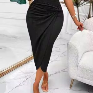 Womens career skirts bud pleated shorts Skirts Solid Twist Front Bodycon Elegant Split Hem Asymmetric Skirt - Image 3