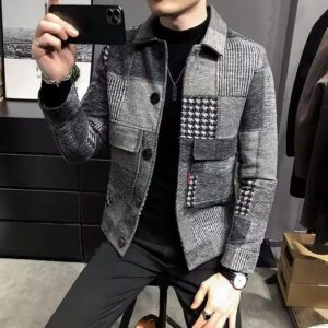 2023 Autumn and Winter Fashion New Men's Casual Lapel Hoodless Jacket / Male Slim Plaid Woolen Coat - Image 3