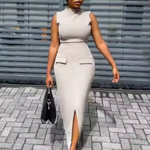 Solid Color Sleeveless Turtleneck Top & High Waist Hip-Hugging Skirt Casual Set - Image 5