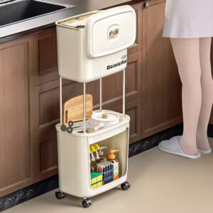 Double Tiers Standing Type Kitchen Storage Rack Carbon Steel Cooktop Organizer with Casters Trash Can and Pantry Space Saver - Image 2