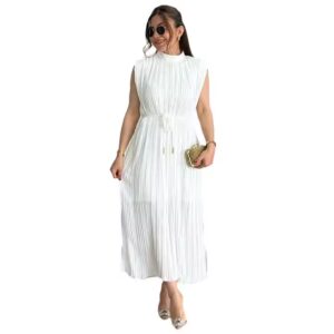 Elegant sleek simple half neck waist cinching tie Midi ladies dress - Image 2