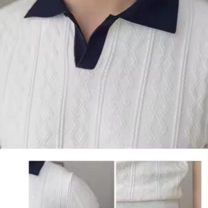 Summer breathable color matching fashion men's Polo shirt V lapel elastic jacquard texture slim short sleeve knitting - Image 7