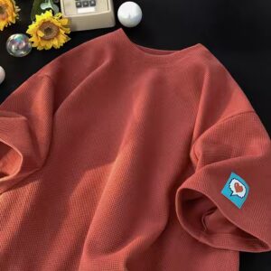 Waffle T-shirt men's short sleeve loose trend on half sleeve clothes summer new simple short sleeve T-shirt - Image 4