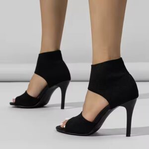 Peep Toe Knitted stretch Band Solid Motorcycle Classic heels - Image 4