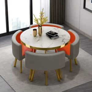 Modern Space Save Small Home Dinning Furniture Restaurant Round Marble Gold Stainless Steel Dining Table And 4 Chair Set - Image 6