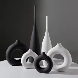 Nordic white black doughnut vase creative handmade brushed ceramic vase for home decoration living room office hotel model room - Image 3