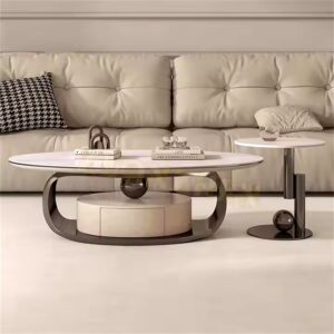 Home furniture living room table round oval modern center table luxury stainless steel smart marble coffee tables with drawer - Image 4