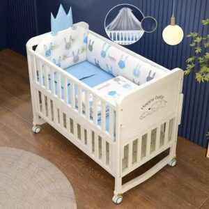 Style Multifunction Adjustable Solid Wood Baby Cot Bed Comfortable Newborn Bed with Bedding Set for Children - Image 5