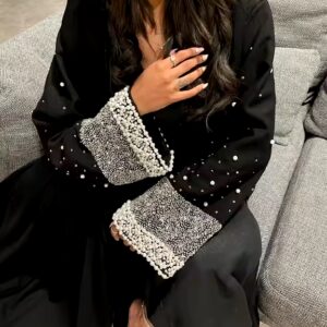 2024 hot selling two piece muslim women dress abaya set wholesale crystal diamond abaya muslim black abaya with diamond - Image 3