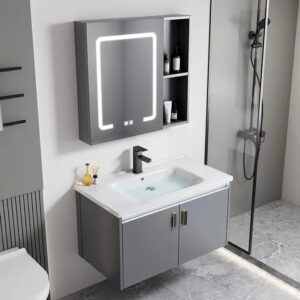 China Space Aluminum Wholesale Contemporary Grey Bathroom Floor Cabinet Double Doors Storage Cupboard - Image 1