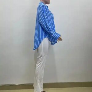 Fashion elegant spring fall blue strip blouse print loose single breasted cardigan polo collar long sleeve shirt women - Image 5