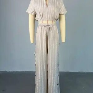 Two Piece Pants Set Strip Short Sleeve Shirt And High Waist Drawstring Wide Leg Pants Set Summer Outfits For Women - Image 5