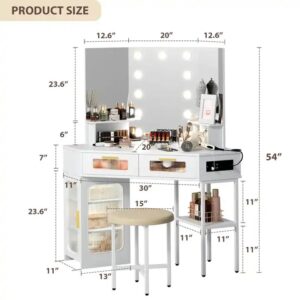 Sunrise Corner Vanity Desk Set with Tri-fold Lighted Mirror, Charging Station, Storage Shelves, Makeup Vanity Table for Bedroom - Image 3