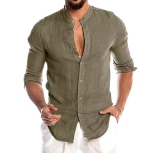 Men Cotton Linen Long Sleeve Button Solid Color Shirts Cardigan Standing Collar Men's Tops Blouse T-shirt Casual Shirt - Image 3