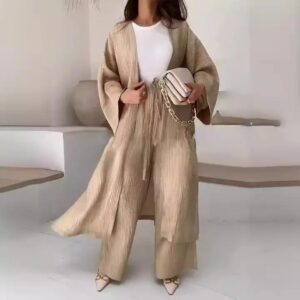 Women Pleated Texture Cardigan Top+Straight Casual Pants Two Piece Set Women Clothing - Image 3